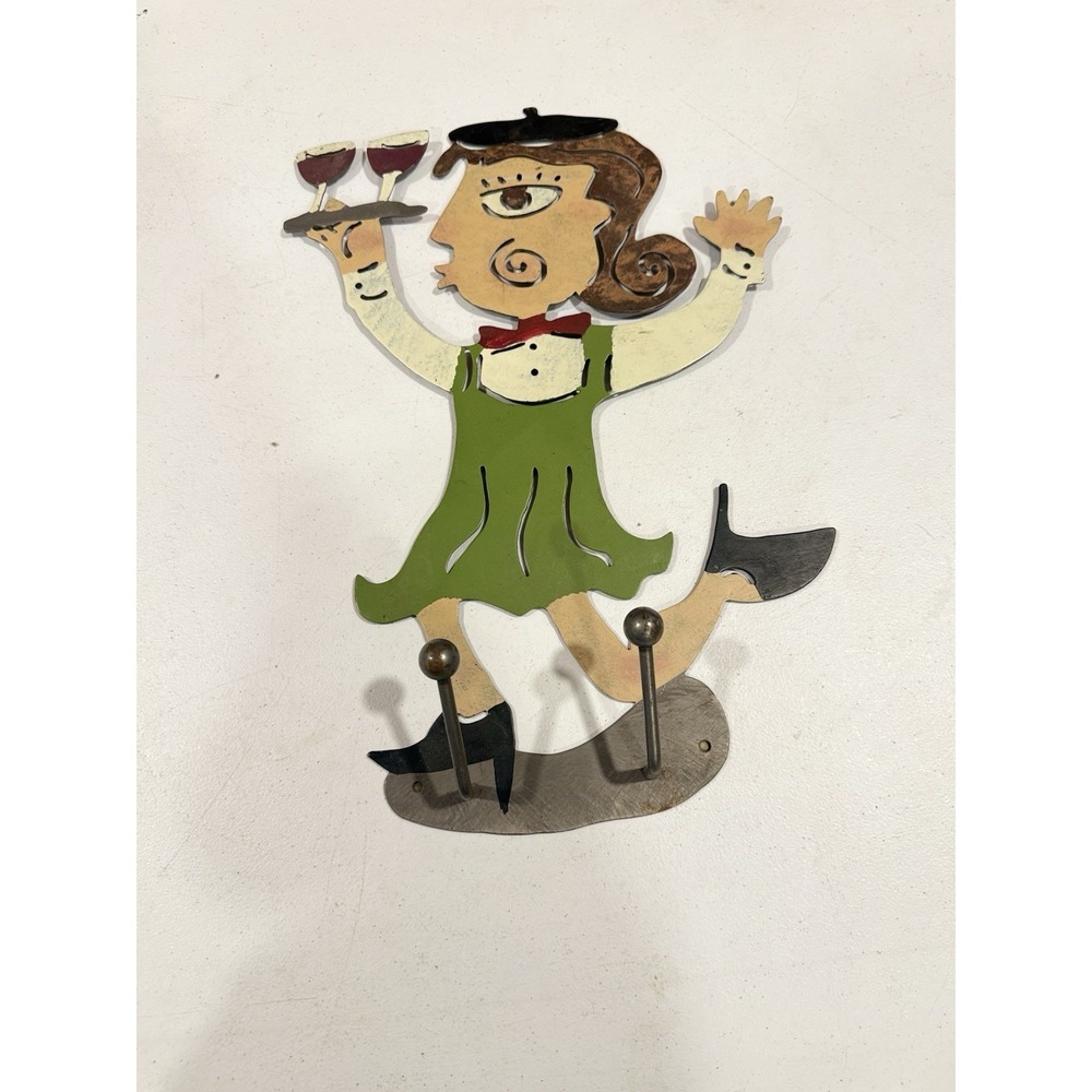 Whimsical Metal Wall Mounted Coat / Hat Rack Wine Vino Server Girl